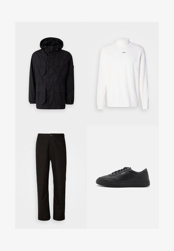 Chaqueta con capucha negra hecha de tejido ligero, que cuenta con cuatro bolsillos frontales, puños elásticos y una cintura ajustada para un ajuste personalizable.; Camisa de cuello alto de manga larga blanca, hecha de una tela suave, con un sutil logo negro "HUGO" en la parte delantera y puños ajustados.; Pantalones de algodón negros con corte recto, presillas para el cinturón, cremallera frontal y un solo botón de cierre. Textura suave sin patrones visibles.; Zapatillas de cuero negro con una textura suave, punta redondeada, suela plana de goma y cordones a tono. Presentan el logotipo dorado "BOSS" en el lateral.