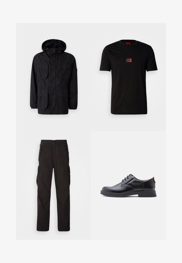 Chaqueta con capucha negra hecha de tejido ligero, que cuenta con cuatro bolsillos frontales, puños elásticos y una cintura ajustada para un ajuste personalizable.; Camiseta negra de algodón con un pequeño logo rectangular en degradado negro y rojo en el pecho. Manga corta y diseño de cuello redondo.; Pantalones cargo negros con corte recto, cinturilla elástica, múltiples bolsillos laterales y una tela texturizada para mayor durabilidad.; Zapatos de piel negra con cordones, textura lisa, puntera redondeada y detalles sutiles de costura. Cuentan con una lengüeta roja en el talón.