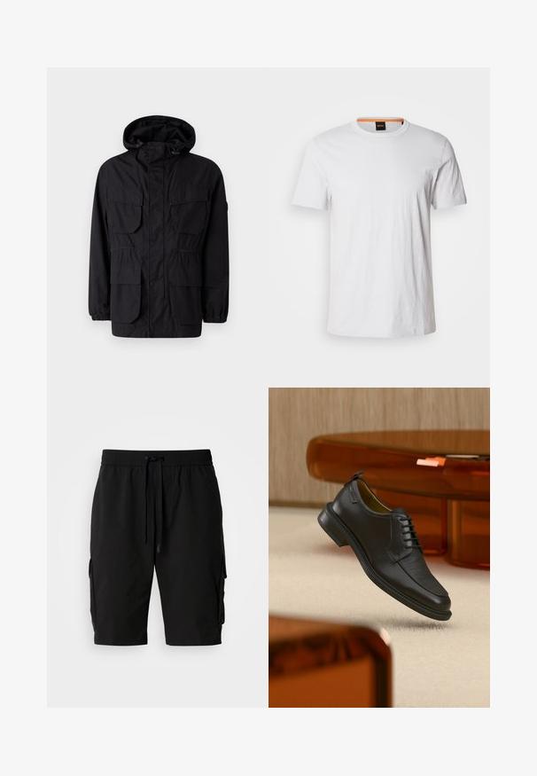 Chaqueta con capucha negra hecha de tejido ligero, que cuenta con cuatro bolsillos frontales, puños elásticos y una cintura ajustada para un ajuste personalizable.; Camiseta de manga corta blanca hecha de suave algodón, con un cuello redondo y un sutil detalle de logo en blanco a juego en la parte delantera.; Pantalones cortos cargo negros hechos de tejido ligero, con una cinturilla elástica, cordón y bolsillos laterales cargo para almacenamiento adicional.; Zapato de vestir negro de piel con cordones y parte delantera texturizada, flotando sobre una alfombra beige en una habitación moderna con muebles de tono ámbar.