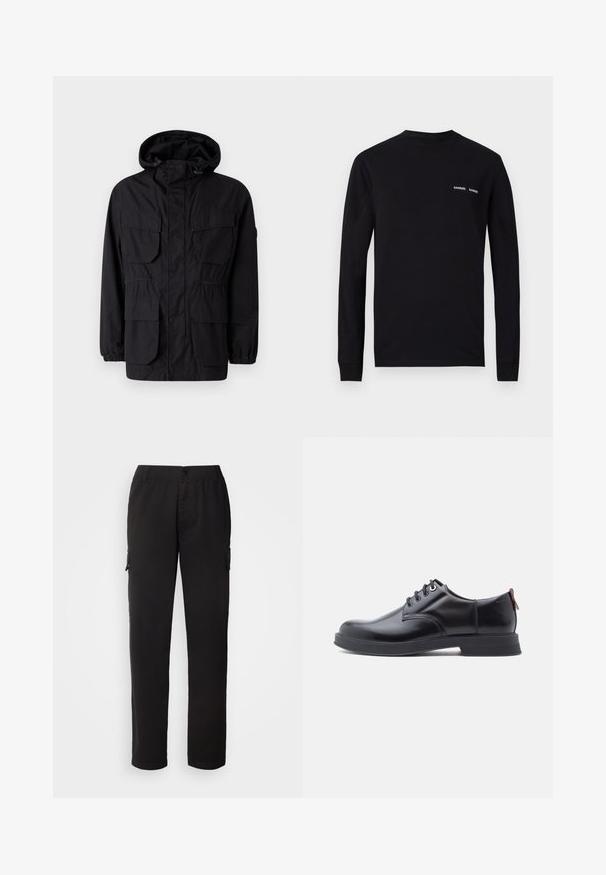 Chaqueta con capucha negra hecha de tejido ligero, que cuenta con cuatro bolsillos frontales, puños elásticos y una cintura ajustada para un ajuste personalizable.; Camiseta de manga larga negra de algodón, con cuello redondo y dos impresiones del logo blanco "SAMSØE" en el lado izquierdo del pecho.; Pantalones cargo negros hechos de tela duradera; cuentan con una cinturilla elástica, bolsillos frontales y laterales, y un diseño de pierna recta.; Zapatos de piel negra con cordones, textura lisa, puntera redondeada y detalles sutiles de costura. Cuentan con una lengüeta roja en el talón.