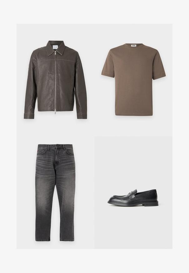 Veste en cuir marron avec fermeture éclair à l'avant, col classique et manches longues. Présente des coutures contrastantes le long des coutures. Texture lisse.; T-shirt en coton marron à manches courtes, col rond et texture lisse. Présente un ourlet droit et un design minimaliste.; Jean en denim gris avec une coupe droite, doté de cinq poches, d'une braguette zippée et d'un léger effet « whiskering » sur l'avant. Ourlet cousu et détail avec le logo de la marque.; Mocassins en cuir noir avec une finition texturée, dotés d'une bride décorative à l'avant et d'un bout arrondi. Semelle en caoutchouc pour plus de durabilité.