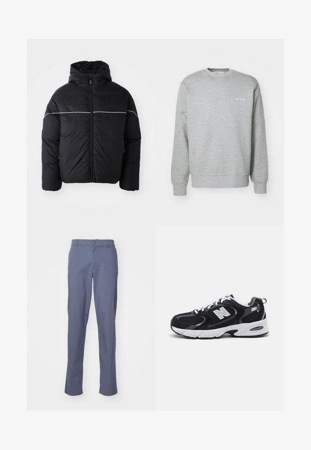 Zwarte gewatteerde jas met een capuchon, voorzien van een voorrits en een witte horizontale band over de borst. Soepele stof met een matte afwerking.; Grijze katoenen sweatshirt met een ronde halslijn, lange mouwen, ribgebreide boorden en een klein wit logo op de linkerkant van de borst. Zachte textuur.; Blauwe, rechte broek van lichtgewicht stof met een gladde textuur, voorzien van voorzakken en een knoopsluiting bij de taille.; Zwarte en grijze sport schoenen met een bovenwerk van mesh en suede, voorzien van een witte tussenzool, veters en een gedurfde "N"-logo aan de zijkant.