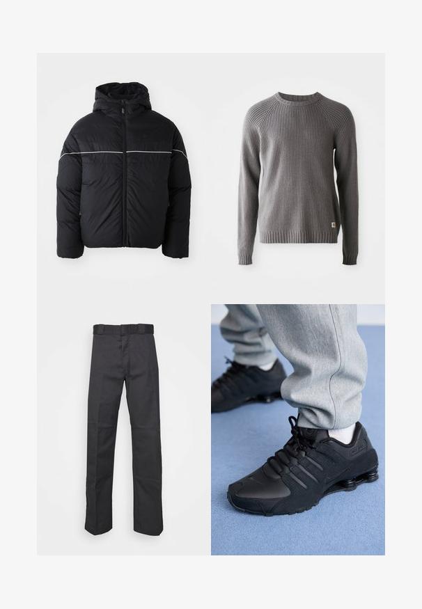 Veste noire matelassée avec capuche, dotée d'une fermeture éclair à l'avant et d'une bande blanche horizontale sur la poitrine. Tissu lisse avec une finition mat.; Pull en tricot côtelé gris avec des manches longues et un col rond. Présente une surface texturée et une petite étiquette de logo à l'ourlet.; Pantalons noirs en tissu durable, dotés d'une coupe droite, d'une taille avec passants de ceinture et de coutures pour une texture ajoutée.; Personne portant des baskets Nike Shox noires et un pantalon de survêtement gris, debout sur un tapis bleu clair.