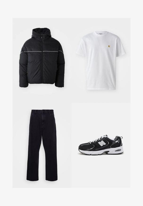 Veste noire matelassée avec capuche, dotée d'une fermeture éclair à l'avant et d'une bande blanche horizontale sur la poitrine. Tissu lisse avec une finition mat.; T-shirt en coton blanc à manches courtes, col rond, avec un petit logo doré sur la poitrine gauche. Texture douce et coupe régulière.; Pantalons en denim noir avec une coupe droite, dotés d'une fermeture à bouton et à zip, de passants de ceinture et de coutures minimales.; Baskets de sport noires et grises avec un tige en mesh et en suède, présentant une semelle intermédiaire blanche, des lacets et un logo "N" audacieux sur le côté.