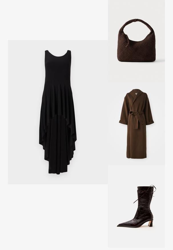 Manteau long en laine marron avec un col châle, des manches larges et une ceinture à nouer à la taille. Texture lisse et détails minimaux.; Robe noire sans manches avec un col rond, présentant un ourlet asymétrique en cascade et une texture plissée sur l'ensemble du buste.; Botte en cuir brun foncé brillant mi-mollet avec bout pointu, talon bas courbé et détail lacé à l'arrière.; Sac à main tressé marron avec une poignée arrondie, fabriqué en matériau texturé. Dispose d'une fermeture éclair et d'un petit logo en accent.