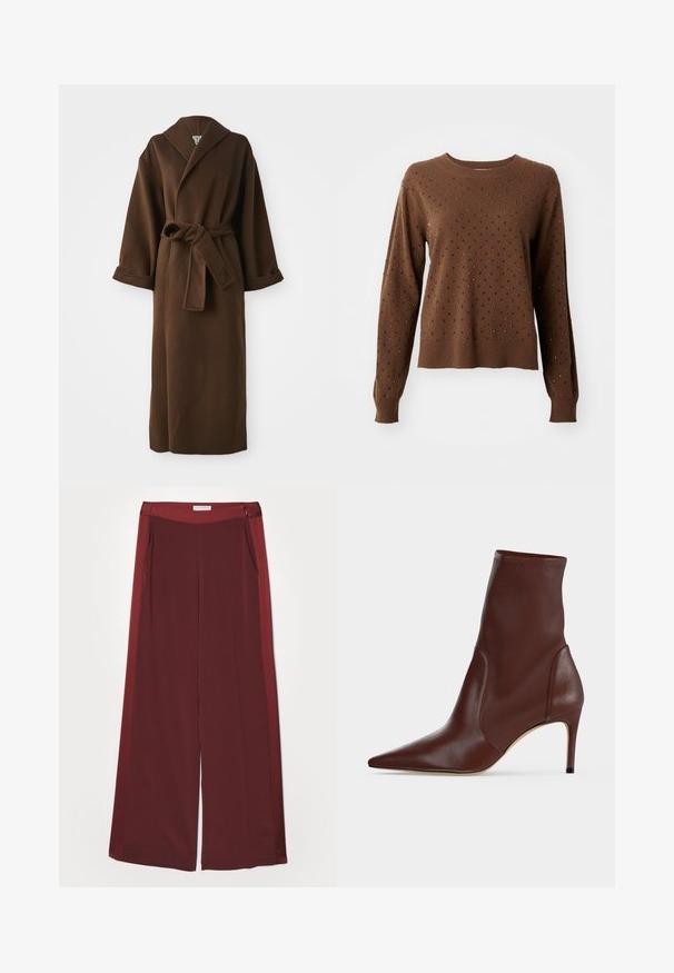 Manteau long en laine marron avec un col châle, des manches larges et une ceinture à nouer à la taille. Texture lisse et détails minimaux.; Pull en maille marron à manches longues orné de petits rivets noirs et argentés, répartis uniformément sur le devant et les manches.; Pantalons amples bordeaux avec une texture lisse et douce, dotés d'une taille plate et de poches latérales. Design minimaliste sans matériel visible.; Bottine en cuir marron foncé à bout pointu et talon haut fin sur un fond clair uni.