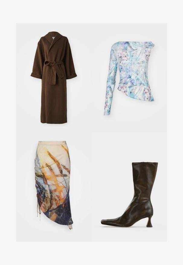 Manteau long en laine marron avec un col châle, des manches larges et une ceinture à nouer à la taille. Texture lisse et détails minimaux.; Top asymétrique à manches longues dans un motif abstrait bleu et rose, présentant une texture froncée et un col rond. Fabriqué en tissu léger.; Materiel DIAGONAL GATHERED SKIRT - Jupe crayon - golden hour; Botte en cuir noire mi-mollet avec un bout carré et un talon bloc évasé sur fond blanc uni.