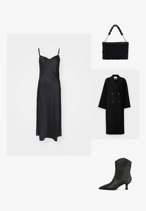 Zwarte wollen dubbele-breasted jas met een notch-kraag, twee voorkruiszakken en knopen aan de voorkant. Oversized, rechte silhoutte.; Zwarte satijnen slip dress met dunne spaghettibandjes, een soepele textuur en een aansluitend lijfje dat overgaat in een A-lijn silhouet.; Zwarte leren enkellaars in westerse stijl met een puntige neus, decoratieve stiksels en een korte, gebogen hak. Gladde textuur en onderscheidende designkenmerken.; Zwarte geweven handtas gemaakt van textuurmateriaal, met een gevlochten handgreep en zilveren kettingaccenten. Rechthoekige vorm met een gesloten bovenkant.