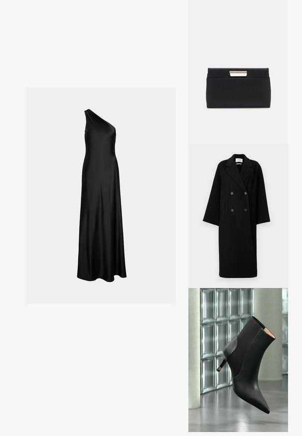 Manteau noir en laine à double boutonnage avec un col cranté, deux poches avant et des boutons à l'avant. Silhouette oversized et droite.; Robe de soirée longue en satin noir à une épaule, avec un corsage ajusté et une jupe fluide.; Bottine noire à bout pointu avec talon kitten et panneau latéral, flottant au-dessus d’un sol réfléchissant devant des fenêtres en blocs de verre.; Pochette en cuir noir de forme rectangulaire. Présente un accent de poignée métallique au niveau de la fermeture, une texture lisse et un design minimaliste.