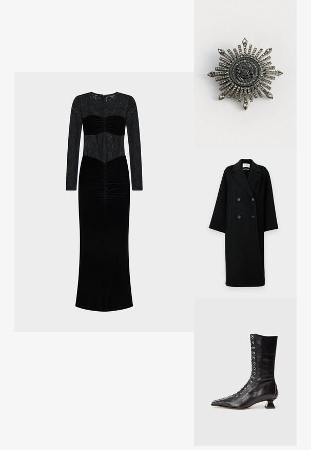 Manteau noir en laine à double boutonnage avec un col cranté, deux poches avant et des boutons à l'avant. Silhouette oversized et droite.; Robe noire avec un haut en dentelle à manches longues et un corsage en velours avec des détails froncés. Longueur au sol avec une silhouette droite.; Bottine noire en cuir avec un bout pointu, laçage à l'avant, œillets en métal, petit talon block et un design épuré. Texture lisse, silhouette moderne.; Broche en forme d'étoile en métal argenté avec des strass clairs. Le design central présente un emblème circulaire avec des détails délicats.