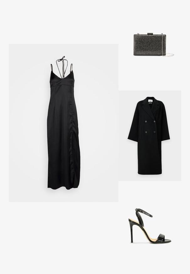 Zwarte wollen dubbele-breasted jas met een notch-kraag, twee voorkruiszakken en knopen aan de voorkant. Oversized, rechte silhoutte.; DESIGNERS REMIX LISBON DRESS - Cocktailjurk - black; Zwarte lakleren sandalen met hoge hak, enkelriem en open teen ontwerp op een witte achtergrond.; Rechthoekige clutch tas met een zwarte gestructureerde oppervlakte, versierd met metalen accenten en een afneembare zilveren schouderband.