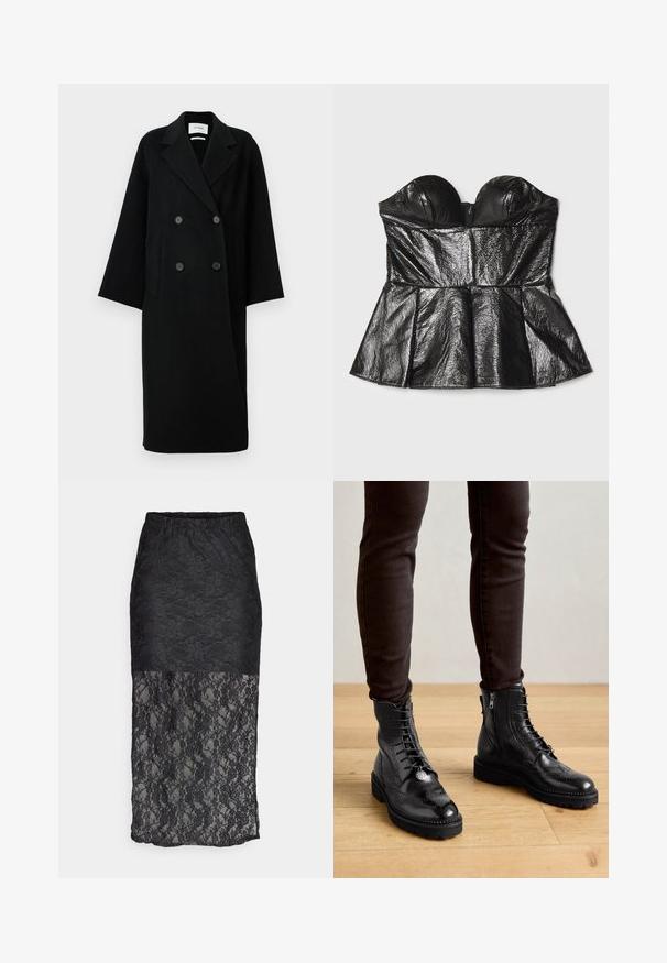 Zwarte wollen dubbele-breasted jas met een notch-kraag, twee voorkruiszakken en knopen aan de voorkant. Oversized, rechte silhoutte.; Sara Battaglia SWEETHEART - Top - black; Pieces PCNACY LACE ANKLE SKIRT - Kokerrok - black; Zwarte leren enkellaarsjes met brogue-details, een vetersluiting aan de voorkant, ritsen aan de zijkant en gestructureerde rubberen zolen. Gecombineerd met donkere slim-fit broek.