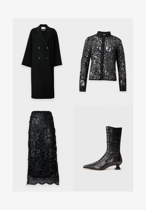 Manteau noir en laine à double boutonnage avec un col cranté, deux poches avant et des boutons à l'avant. Silhouette oversized et droite.; Blouse noire à manches longues boutonnée, motif en dentelle florale avec col et poignets unis sur fond blanc.; Jupe en dentelle noire avec une broderie florale délicate, une taille ajustée et un ourlet festonné. Superposition transparente avec des détails texturés.; Bottine noire en cuir avec un bout pointu, laçage à l'avant, œillets en métal, petit talon block et un design épuré. Texture lisse, silhouette moderne.