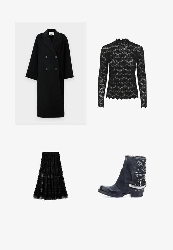 Sort uld dobbeltradet frakk med spidse slag, to frontlommer og knapper foran. Oversized, lige silhuet.; Sort blonde langærmet top med høj krave, blomster mønster, scalloped kanter og transparent tekstur.; Sort lagdelt blondeskørt med elastisk taljebånd med diskret logo tekst præget på båndet.; Sorte læder ankelstøvle med tekstureret overflade, sølvnitter på siden og en metalspænde-strop. Har en lynlåslukning øverst.