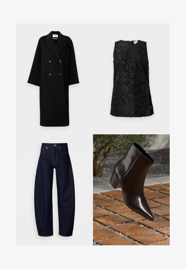 Manteau noir en laine à double boutonnage avec un col cranté, deux poches avant et des boutons à l'avant. Silhouette oversized et droite.; Top noir sans manches avec un motif floral texturé, doté d'un décolleté en V et de fentes sur les côtés. Fabriqué dans un tissu légèrement brillant. Fermeture à glissière au dos.; Jean en denim bleu foncé à coupe ample, avec une taille haute, des surpiqûres orange, un design classique à cinq poches et une fermeture à bouton.; Bottine en cuir noir avec un bout pointu, un talon bloc et une texture lisse, positionnée au-dessus d'une surface en bois et en gravier.