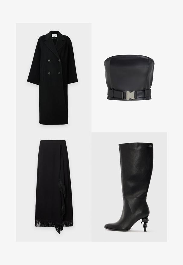 Manteau noir en laine à double boutonnage avec un col cranté, deux poches avant et des boutons à l'avant. Silhouette oversized et droite.; Top sans bretelles en cuir noir au design structuré, avec une fermeture à boucle à l'avant et une texture lisse et élégante.; Jupe portefeuille noire avec une finition texturée, dotée d'un ourlet à franges et d'un design drapé. Le tissu est lisse et s'écoule élégamment.; Botte noire à mi-mollet en cuir lisse. Elle possède un bout pointu et un talon sculptural distinctif avec un accent décoratif.