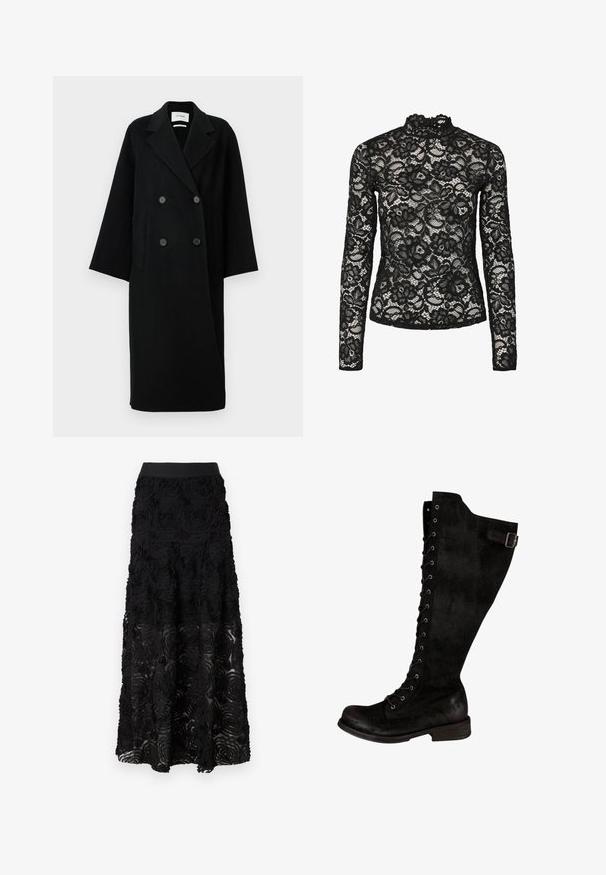 Sort uld dobbeltradet frakk med spidse slag, to frontlommer og knapper foran. Oversized, lige silhuet.; Sort blonde top med lange ærmer, der har en høj hals med flæsedetaljer, blomsterprint og en gennemsigtig tekstur. Designet til en tætsiddende silhuet.; Maje JOSINO - Maxinederdele - noir; Sorte knæhøje støvler i ruskind, med snørebånd foran, sølvøjer og en side-rem med spænde. Flad hældesign.
