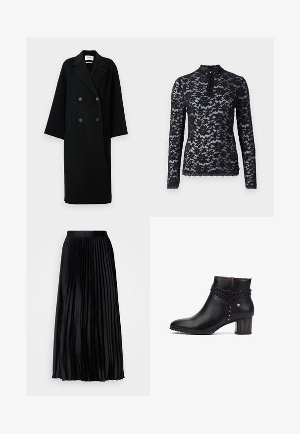 Manteau noir en laine à double boutonnage avec un col cranté, deux poches avant et des boutons à l'avant. Silhouette oversized et droite.; Rosemunde T-shirt à manches longues - black; Jupe plissée noire en tissu lisse avec une taille large, présentant des plis verticaux pour une texture et un tombé fluides, atteignant la longueur midi.; Pikolinos CALAFAT - Boots à talons - black