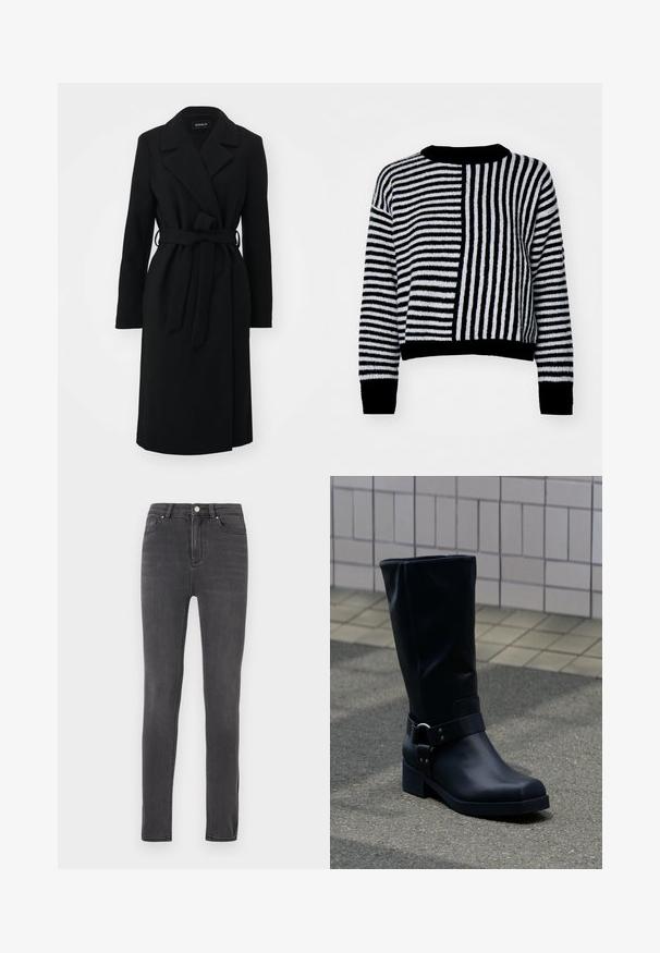 Manteau en laine noir longueur genou avec larges revers et ceinture assortie nouée à la taille, manches longues et coupe cintrée.; Pull rayé noir et blanc avec des rayures horizontales et verticales contrastées, dotée d'un col rond et de manchettes et d'un ourlet côtelés.; Jean skinny noir en denim, avec un design classique à cinq poches, une fermeture éclair et un bouton en métal, et un délavage minimal.; Botte en cuir noire mi-mollet avec un petit talon bloc et une bride décorative avec boucle métallique autour de la cheville, sur un trottoir carrelé.