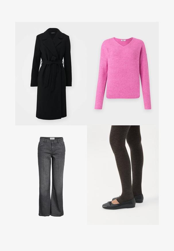 Manteau en laine noir longueur genou avec larges revers et ceinture assortie nouée à la taille, manches longues et coupe cintrée.; Pull en tricot rose à côtes, avec un décolleté en V, des manches longues et une coupe décontractée. Fabriqué dans un matériau doux, il présente un motif texturé.; Jean large en denim gris foncé. Caractéristiques : taille haute, design traditionnel à cinq poches et ourlet net sans embellissements.; Jambes portant des leggings côtelés foncés associés à des ballerines noires avec de petits détails en nœud sur fond blanc.
