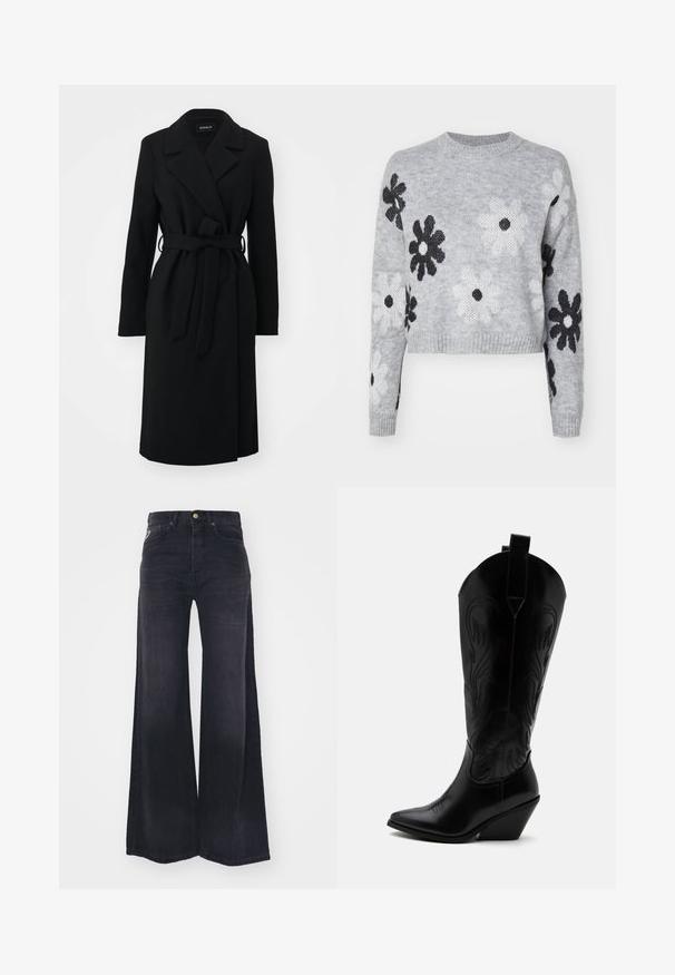 Manteau en laine noir longueur genou avec larges revers et ceinture assortie nouée à la taille, manches longues et coupe cintrée.; Pull en maille cropped gris clair avec des motifs floraux noirs et blancs, encolure ronde et poignets côtelés. Texture douce, design décontracté.; Jean noir taille haute à jambes larges, avec bouton et fermeture éclair à l'avant, et style cinq poches.; Botte de cowboy en cuir noir avec bout pointu, talon bloc incliné, couture décorative et languettes en haut sur fond blanc.