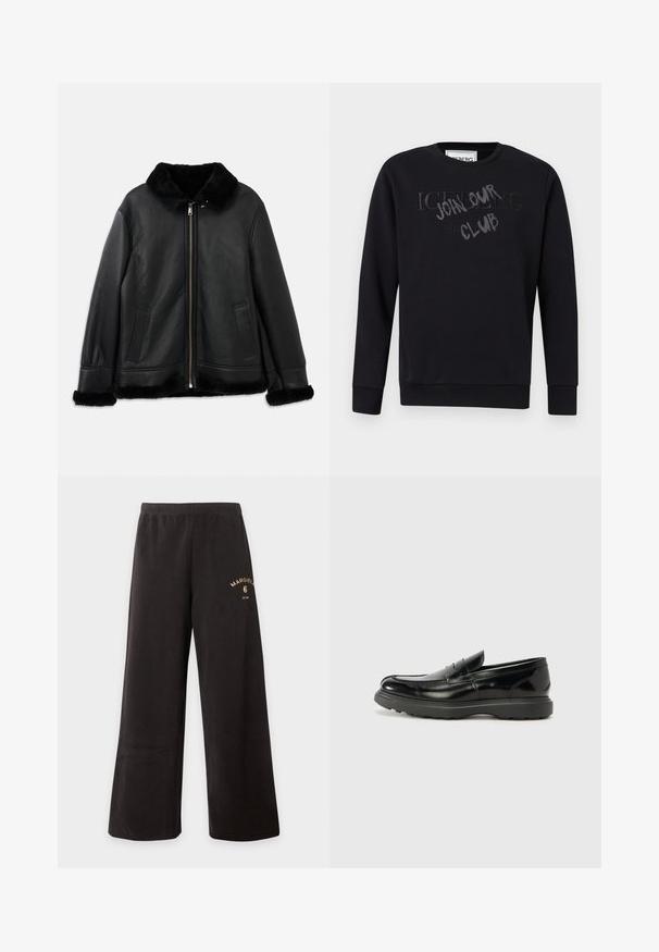Schwarze Lederjacke mit weichem Pelzkragen, -manschetten und -saum, ausgestattet mit einem Frontreißverschluss und zwei Schlitztaschen.; Schwarzes Rundhalspullover mit langen Ärmeln, mit erhabenem Schriftzug "ICEBERG" und graffitiartigem "JOHN SMITH CLUB"-Overlay auf der Brust.; Schwarze Hose mit weitem Bein, elastischem Bund und kleinem goldfarbenem "Margiela 6" Logo am oberen linken Oberschenkel.; Schwarze Lederloafer mit glanzendem Finish, abgerundetem Zehenbereich, subtilen Steppnähten und einer dicken Gummisohle für Langlebigkeit.