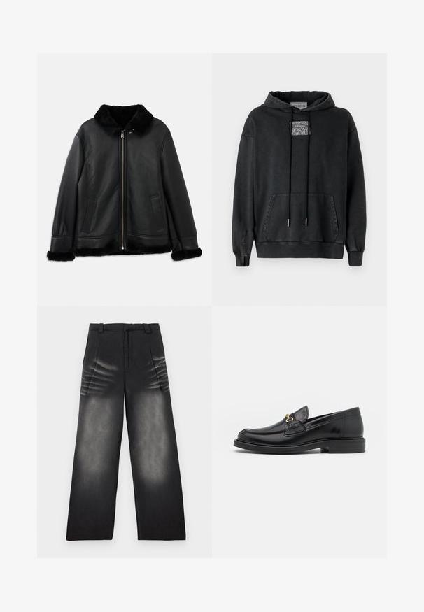 Zwarte leren jack met een zachte bontkraag, -manchetten en -zoom, voorzien van een rits aan de voorkant en twee schuine zakken.; Iceberg Hoodie - nero; Zwarte denim broek met wijde pijpen, met vervaagde details op de dijen en voorplooien, voorzien van riemlussen en een ritssluiting.; Zwarte leren instappers met een ronde neus, voorzien van een gouden hardware accent en stikdetails, geplaatst op een lage, getextureerde rubberen zool.