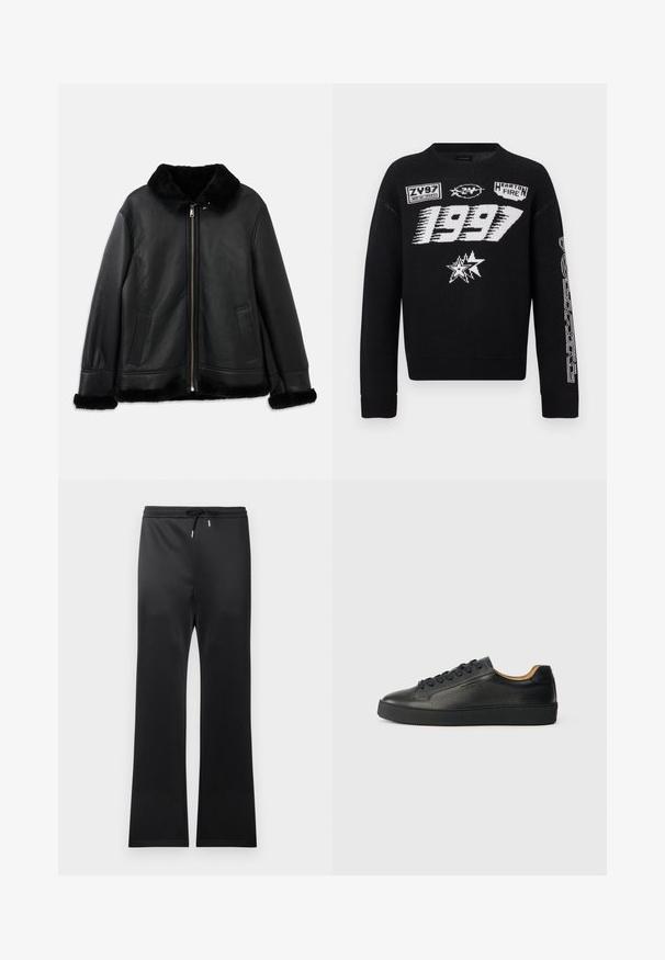 Schwarze Lederjacke mit weichem Pelzkragen, -manschetten und -saum, ausgestattet mit einem Frontreißverschluss und zwei Schlitztaschen.; Schwarzer Strickpullover mit weißen Grafikdrucken, darunter "1997", Logopatches und geometrische Muster auf den Ärmeln. Lange Ärmel, Rundhalsausschnitt.; Schwarze Sporthose mit einem Kordelzugbund, aus glattem Stoff. Ausgestellte Beinführung und minimalistisches Erscheinungsbild ohne Muster.; Schwarze, niedrig geschnittene Ledersneaker mit strukturierter Oberfläche, schwarzen Schnürsenkeln und dicker Gummisohle, seitlich auf einem hellen Hintergrund dargestellt.