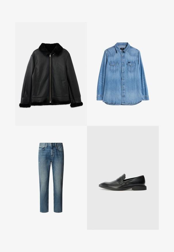 Zwarte leren jack met een zachte bontkraag, -manchetten en -zoom, voorzien van een rits aan de voorkant en twee schuine zakken.; Lichtblauw denim overhemd met lange mouwen, twee borstzakken met knopen en drukknopen aan de voorkant, plat gelegd op een witte achtergrond.; Lichtblauwe denim jeans met een rechte pootsnit. Verweerde details en klassieke vijf-pocket stijl. Middenhoogte taille en afgewerkte zoom.; Zwarte leren instappers met een gladde textuur, spitse neus en een lage rechthoekige hak. Kenmerkt zich door een horizontale banddetail over de bovenkant.