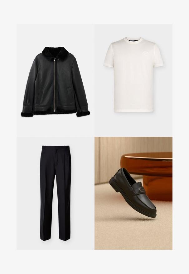 Schwarze Lederjacke mit weichem Pelzkragen, -manschetten und -saum, ausgestattet mit einem Frontreißverschluss und zwei Schlitztaschen.; Schlichtes, off-white kurzärmeliges Baumwoll-T-Shirt mit Rundhalsausschnitt und dezentem, geprägtem Logo auf der linken Brust.; Schwarze, maßgeschneiderte Hose mit geradem Schnitt, Falten vorne und seitlichen Taschen. Hergestellt aus einem glatten, leichten Stoff mit einfarbigem Muster.; Schwarzer Leder-Schlupfschuh mit gesteppten Akzenten, erhöhtem Schaft und flacher Gummisohle, auf einer weichen beigen Oberfläche platziert.