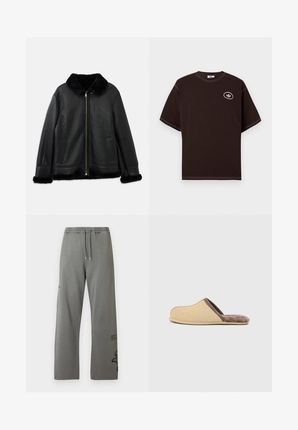 Schwarze Lederjacke mit weichem Pelzkragen, -manschetten und -saum, ausgestattet mit einem Frontreißverschluss und zwei Schlitztaschen.; Dunkelbraunes Kurzarm-T-Shirt mit weißen Nähten und einem kleinen weißen Adidas-Trefoil-Logo in einem Kreis auf der linken Brust.; Graue Jogginghose mit entspanntem Schnitt, ausgestattet mit einem elastischen Bund, Kordelzug und bedruckten Akzenten am unteren Bein. Weiches Baumwollmaterial.; Beige Hausschuh zum Hineinschlüpfen mit braunem Rand und flauschigem Fellfutter, flache Sohle und geschlossene Spitze, Seitenansicht vor einfarbig hellem Hintergrund.