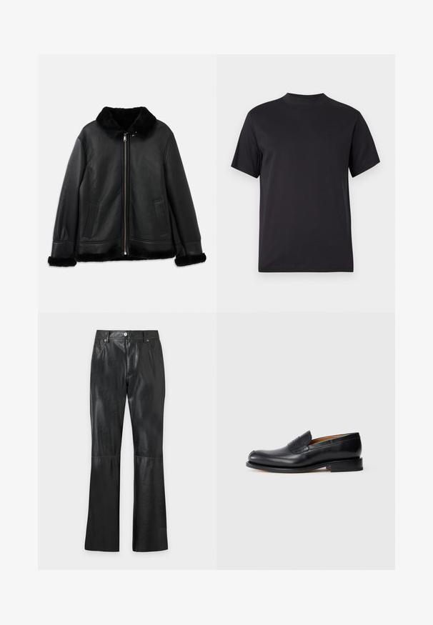 Schwarze Lederjacke mit weichem Pelzkragen, -manschetten und -saum, ausgestattet mit einem Frontreißverschluss und zwei Schlitztaschen.; Schwarzes T-Shirt mit kurzen Ärmeln, hohem Rundhalsausschnitt und normaler Passform, dargestellt auf einem schlichten hellgrauen Hintergrund.; Schwarze Kunstlederhose mit geradem Bein, Vordertaschen, Gürtelschlaufen und Knopf- und Reißverschluss.; Schwarze Lederloafer mit glatter Oberfläche, abgerundetem Zehenbereich und kleiner Vorderklappe. Verfügt über einen niedrigen, einfarbigen schwarzen Absatz und minimale Designakzente.