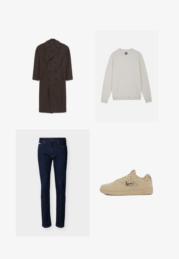Doppelreihiger Wollmantel in Dunkelbraun mit einem Reverskragen, zwei vorderen Taschen und schwarzen Knöpfen. Glatte Textur und taillierte Form.; Cremefarbener Langarm-Sweatshirt mit gerippten Bündchen und Saum, Rundhalsausschnitt und kleinem dunklem Etikett am Kragen.; Dunkelblaue Slim-Fit-Jeans mit fünf Taschen, sichtbaren Nähten und Knopfverschluss an der Taille, vor einem schlichten Hintergrund präsentiert.; Beige Sneaker aus glattem Leder mit strukturiertem Einsatz, runder Zehenpartie und flachen Schnürsenkeln. Verfügt über ein auffälliges Marken- und Logodesign.