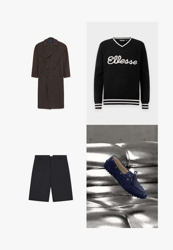 Dubbelzijdige wollen jas in donkerbruin met een notch-kraag, twee voorkoeken en zwarte knopen. Glad textuur en op maat gemaakte vorm.; Zwarte V-hals trui met witte "Ellesse" logo op de borst en witte strepen op de kraag, manchetten en onderrand.; Zwarte, op maat gemaakte shorts met riemlussen, een verborgen sluiting aan de voorkant en een rechte pijp.; Navyblauwe suède loafer met veters die boven een glanzende metalen zilveren doorgestikte leren bank zweeft.