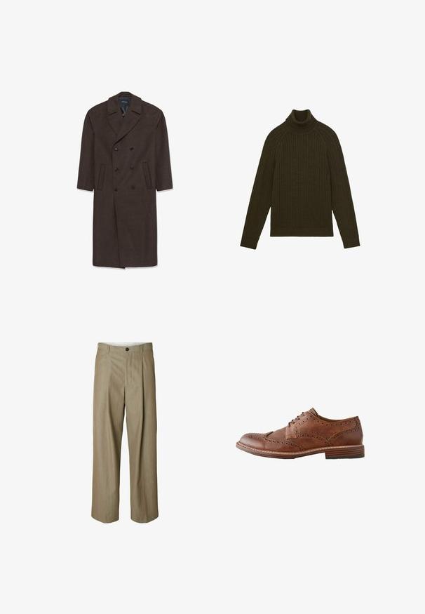 Dobbeltbrystet uldfrakke i mørkebrunt med notch-krave, to frontlommer og sorte knapper. Glat tekstur og skræddersyet pasform.; Mørkeolivengrøn kabelstrikket turtleneck sweater med lange ærmer samt ribbede manchetter og kant, lagt fladt på en hvid baggrund.; Beige bukser med vide ben og en subtil tekstur, med en frontplisse, knaplukning og uden lommer.; Brun læder herre wingtip oxford sko med brogue-detaljer og stablet træsål, vist i sideprofil på hvid baggrund.
