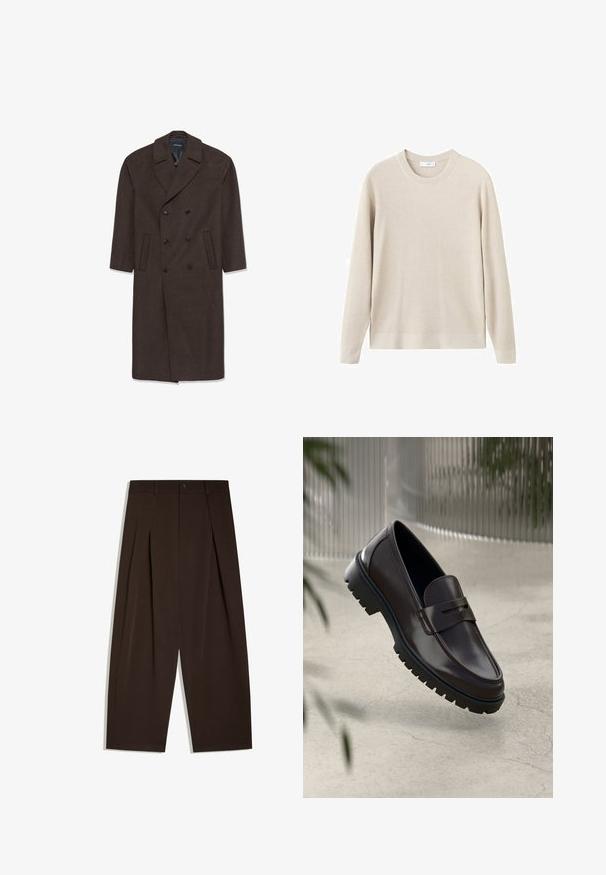 Dobbeltbrystet uldfrakke i mørkebrunt med notch-krave, to frontlommer og sorte knapper. Glat tekstur og skræddersyet pasform.; Beige ribbestrikket sweater med lange ærmer og rund halsudskæring. Fremstillet af et blødt materiale, med en afslappet pasform og minimal detaljering.; Højtaljede mørkebrune viddebukser med forkantsfolder, bæltestropper, knaplukning og rene kantede kanter.; Brune læder loafers med en tekstureret, rippet gummisål. Har et slankt design og et dekorativt bånd over vristen.