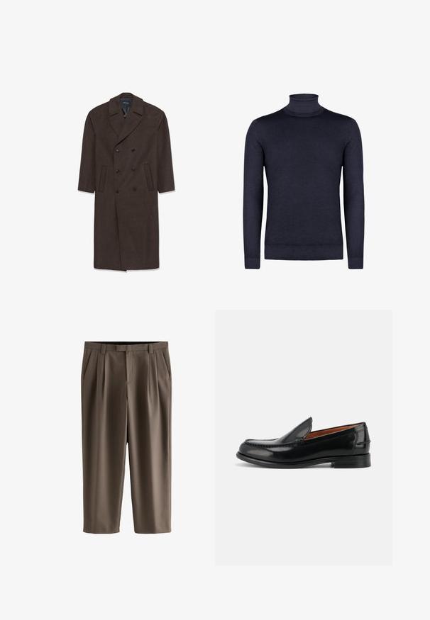 Doppelreihiger Wollmantel in Dunkelbraun mit einem Reverskragen, zwei vorderen Taschen und schwarzen Knöpfen. Glatte Textur und taillierte Form.; Dunkel marineblauer Langarm-Turtleneck-Pullover mit gerippten Bündchen, Saum und Kragen, auf einem einfarbigen weißen Hintergrund gezeigt.; Braune kurze Hosen mit Gürtelschlaufen, Seitentaschen, einem vorderen Reißverschluss und Falten an beiden Beinen.; Schwarzer polierter Leder-Slipper mit niedrigem Absatz und gesteppten Details entlang der Spitze und Seiten, aus der Seitenansicht.