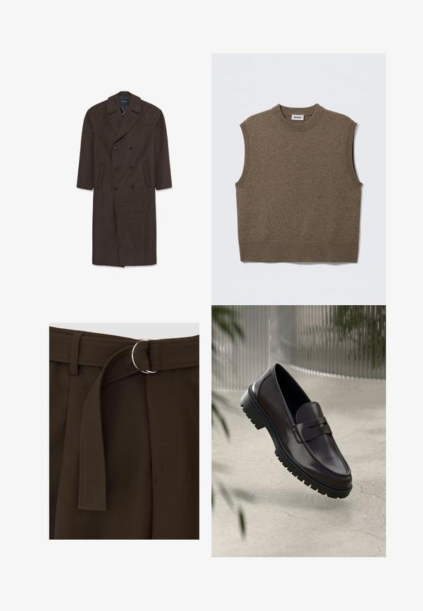 Abrigo de lana cruzado en marrón oscuro con solapa, dos bolsillos frontales y botones negros. Textura suave y forma ajustada.; Suéter de punto marrón sin mangas con cuello redondo, bordes acanalados y textura suave; la etiqueta dice "WEEKDAY".; Pantalones marrones a medida con hebilla de cinturón circular plateada y una corbata de tela en la cintura, con textura suave y detalles de costura limpia.; Mocasines de cuero marrón con una suela de goma texturizada y estriada. Presentan un diseño elegante y una correa decorativa sobre el empeine.