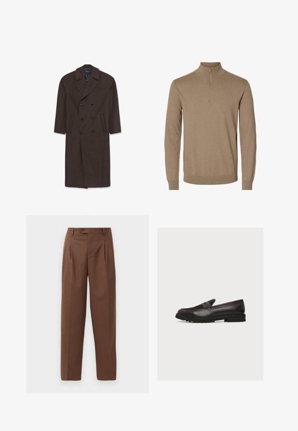 Dobbeltbrystet uldfrakke i mørkebrunt med notch-krave, to frontlommer og sorte knapper. Glat tekstur og skræddersyet pasform.; Brun strikket pullover med lange ærmer, en høj hals og en kort lynlås foran, ribbestrikkede kanter ved ærmer og bund.; Brune skræddersyede bukser med lige pasform, synlige folder, forlommer og en enkelt knaplukning i taljen. Glat tekstur.; Mørkebrun læderloafer med ruskindstop, pennyrem, syninger og tyk gummisål med slidmønster, vist fra siden.