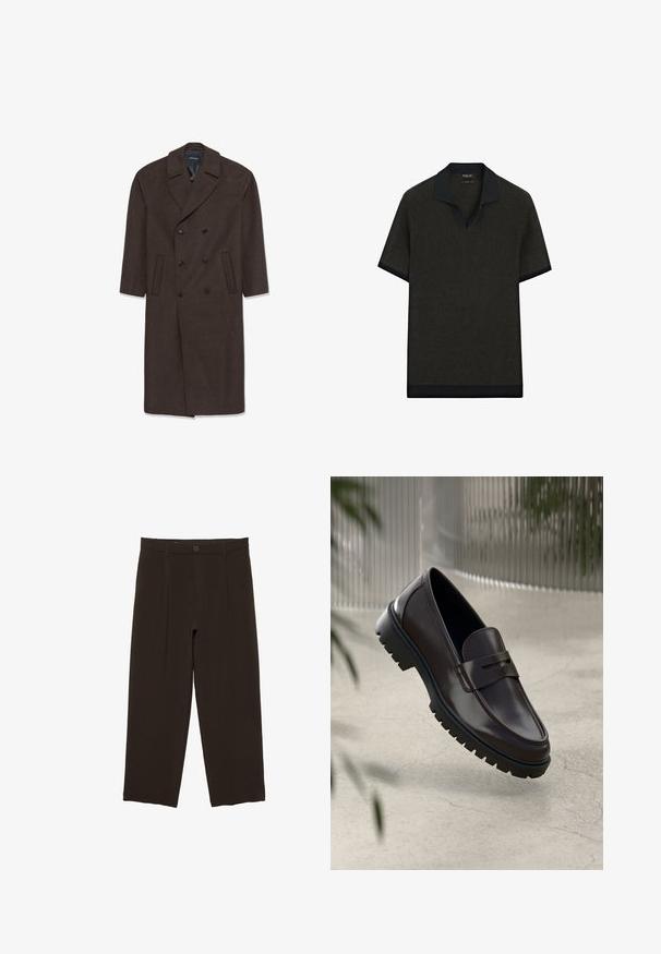 Doppelreihiger Wollmantel in Dunkelbraun mit einem Reverskragen, zwei vorderen Taschen und schwarzen Knöpfen. Glatte Textur und taillierte Form.; Dunkelgraues kurzärmeliges Strick-Poloshirt mit schwarzem Kragen und Besatz an Ärmeln und Saum, dargestellt vor weißem Hintergrund.; Dunkelbraune, maßgeschneiderte Hose mit Frontfalten, Gürtelschlaufen, Knopfverschluss und gerade geschnittenen, gekürzten Beinen.; Braune Leder-Loafers mit einer strukturierten, geriffelten Gummisohle. Sie zeichnen sich durch ein schlankes Design und einen dekorativen Riemen über dem Spann aus.