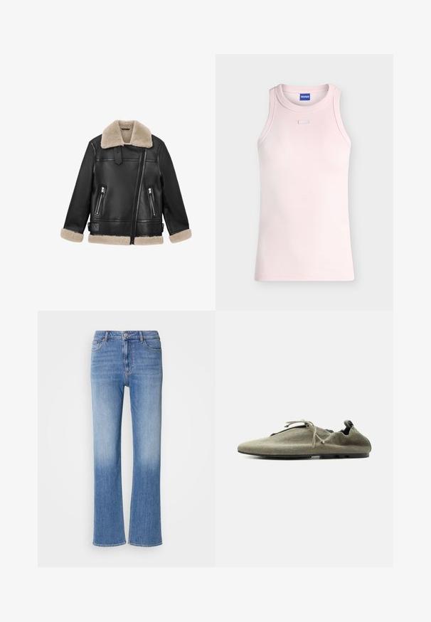Chaqueta de cuero negra con cuello y puños de lana marrón; cuenta con dos bolsillos frontales con cremallera y un cierre frontal diagonal con cremallera.; Camiseta sin mangas de canalé en rosa claro con escote redondo y pequeño detalle rectangular de tela debajo del cuello, etiqueta HUGO en el interior del cuello.; Vaqueros de denim azul claro con un diseño de pierna recta, que presenta un efecto desgastado, estilo de cinco bolsillos y cierre estándar de botón y cremallera.; Zapato de tela suave de color verde oliva claro con suela fina y cordones, mostrado de perfil sobre fondo blanco liso.