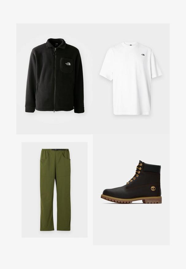Zwarte fleece jack met ritssluiting aan de voorkant, hoge kraag, elastische manchetten en een borstzak met een logo. Zachte textuur, casual ontwerp.; Wit katoenen T-shirt met korte mouwen, V-halsontwerp, met een klein zwart logo aan de linker bovenzijde. Zachte textuur, comfortabele pasvorm.; Olijfgroene rechte broek met elastische tailleband en zwarte verstelbare gesp, voor- en zijzakken, detail met naad aan de voorkant.; Zwarte leren enkellaars met gouden oogjes, bruine accenten en een rubberen zool. Heeft een gevoerde kraag en geperst logo aan de zijkant.