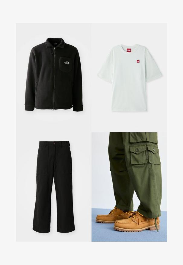 Sort fleecejakke med lynlås foran, høj krave, elastiske manchetter og en brystlomme med logo. Blødt materiale, afslappet design.; Lysegrøn kortærmet t-shirt lavet af blød bomuld, med et lille rødt logo på venstre brystområde. Løs pasform og rund halsudskæring.; Sorte vide benbukser lavet af blødt stof, med frontlommer og en knaplukning i taljen. Minimalistisk design uden synlige mønstre.; Timberland AUTHENTIC 3 EYE - Sejlersko - wheat