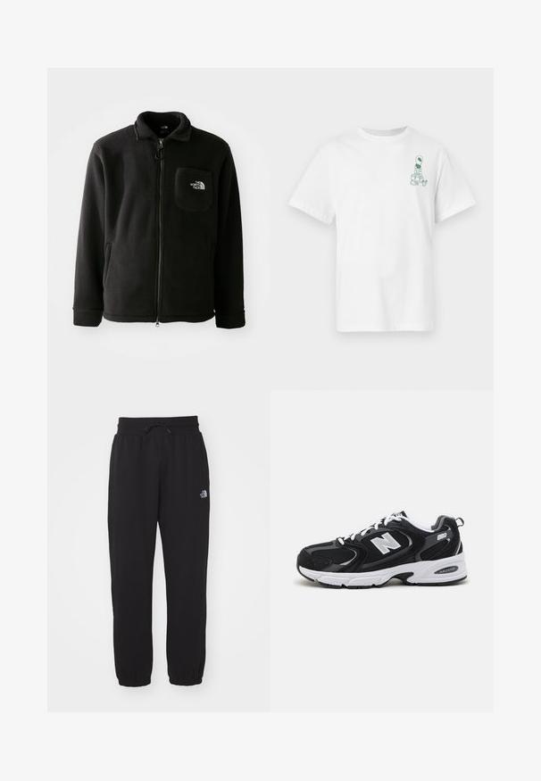 Zwarte fleece jack met ritssluiting aan de voorkant, hoge kraag, elastische manchetten en een borstzak met een logo. Zachte textuur, casual ontwerp.; Wit T-shirt met korte mouwen en een kleine groene alien print die tassen draagt, op de linkerborst.; Zwarte sweatpants van zachte stof, met een elastische tailleband en trekkoord, smalle boorden bij de enkels en een klein logo op de bovenkant van de bovenbeen.; Zwarte en grijze sport schoenen met een bovenwerk van mesh en suede, voorzien van een witte tussenzool, veters en een gedurfde "N"-logo aan de zijkant.