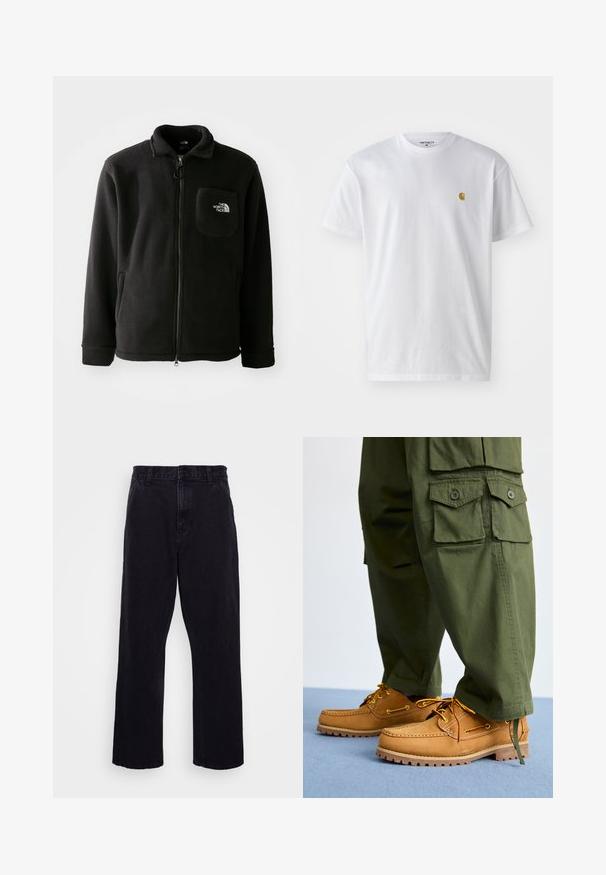 Zwarte fleece jack met ritssluiting aan de voorkant, hoge kraag, elastische manchetten en een borstzak met een logo. Zachte textuur, casual ontwerp.; Witte katoenen t-shirt met korte mouwen en ronde hals, voorzien van een klein gouden logo op de linkerkant van de borst. Zachte textuur en een normale pasvorm.; Zwarte denim broek met een rechte pijpdesign, voorzien van een knoop- en ritssluiting, riemlussen en minimale stikdetails.; Timberland AUTHENTIC 3 EYE - Bootschoenen - wheat