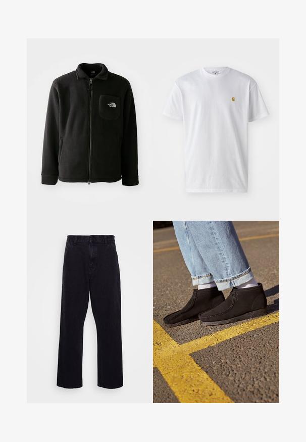 Schwarze Fleecejacke mit Reißverschluss auf der Vorderseite, hohem Kragen, elastischen Bündchen und einer Brusttasche mit Logo. Weiche Textur, lässiges Design.; Weißes Baumwoll-T-Shirt mit kurzen Ärmeln, Rundhalsausschnitt, mit einem kleinen goldenen Logo im linken Brustbereich. Weicher Stoff und normale Passform.; Schwarze Jeanshose mit geradem Bein, ausgestattet mit einem Knopf- und Reißverschluss, Gürtelschlaufen und minimalen Nähdetails.; Schwarze Wildleder-Ankle-Boots mit glatter Textur, abgerundetem Zeh und genähten Details. Kombiniert mit hellblauen, hochgekrempelten Jeans und weißen Socken.