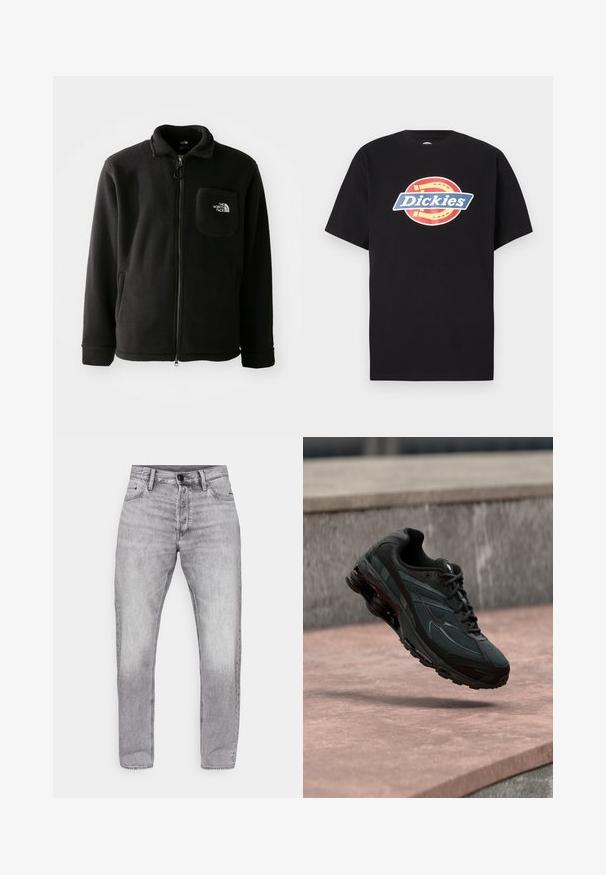 Musta fleece-takki, jossa on vetoketju edessä, korkea kaulus, elastiset hihansuut ja rinnassa logoa esittävä tasku. Pehmeä rakenne, rento muotoilu.; Musta puuvillainen t-paita, jossa on lyhyet hihat ja pyöreä pääntie. Paidassa on suuri, pyöreä logo punaisena ja sinisenä, jossa teksti "Dickies" keskellä.; Harmaat farkut suoran istuvuuden omaavina, joissa on haalistunut pesu, viisi taskua sekä normaali napin ja vetoketjun sulkeminen.; Mustat urheilukengät, joissa näkyvä ilmavaimennuksella varustettu välipohja kelluu vaaleanpunaisen kiven pinnan yläpuolella harmaan kiviseinän taustalla.