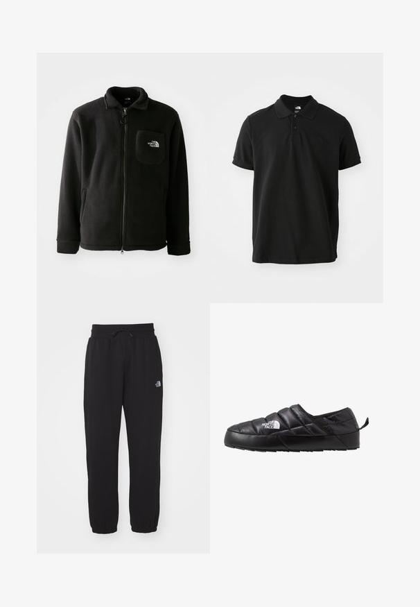 Zwarte fleece jack met ritssluiting aan de voorkant, hoge kraag, elastische manchetten en een borstzak met een logo. Zachte textuur, casual ontwerp.; Zwarte polo gemaakt van katoen, met een klassieke kraag, korte mouwen en een subtiele, donkere logo op de borst. Gladde textuur.; Zwarte sweatpants van zachte stof, met een elastische tailleband en trekkoord, smalle boorden bij de enkels en een klein logo op de bovenkant van de bovenbeen.; Zwarte instapschoen met een gequilt ontwerp, gemaakt van gevoerd materiaal. Heeft een gestructureerde rubberen zool en een klein trekkoord aan de achterkant.