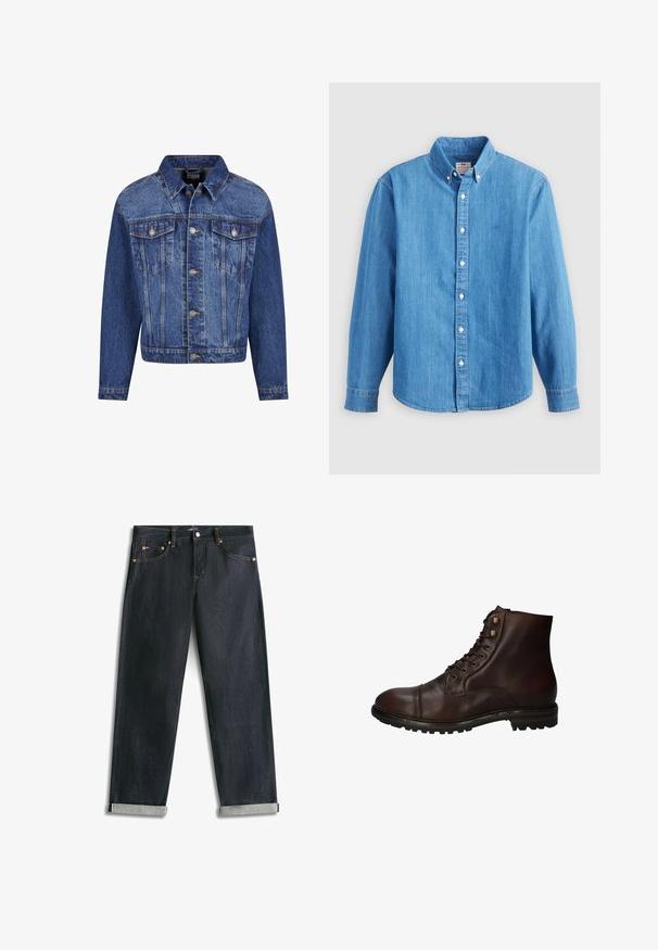 Denim jack in medium blauw, met zilverkleurige details, twee borstzakken, een knoopsluiting aan de voorkant en een klassieke kraag. Standaard pasvorm met lange mouwen.; Lichtblauw denim overhemd met lange mouwen, button-down kraag en witte knopen. Heeft een klein geborduurd logo op de borst.; Donkerblauwe spijkerbroek met omgeslagen boorden, vijf zakken en contrasterende stiksels, plat uitgespreid op een witte achtergrond.; Donkergrote leren veterschoenen tot de enkels met een robuuste rubberen zool en metalen veters, gezien vanuit de buitenzijde.