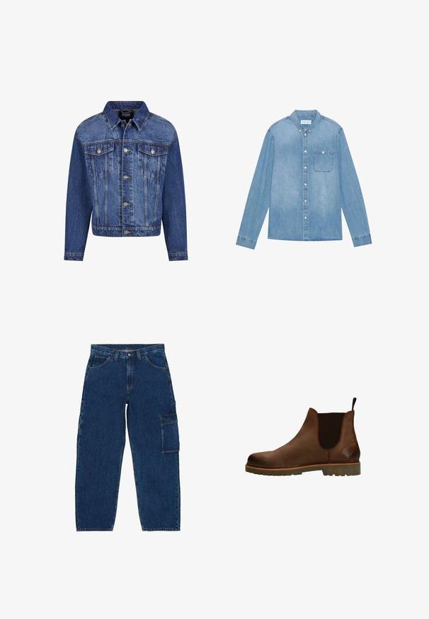 Denim jack in medium blauw, met zilverkleurige details, twee borstzakken, een knoopsluiting aan de voorkant en een klassieke kraag. Standaard pasvorm met lange mouwen.; Lichtblauw denim overhemd met knopen, lange mouwen, spitse kraag, één borstzak en subtiele vervaging op de stof.; Donkerblauwe denim cargobroek met een losse pasvorm, voorzien van een zijzak en zichtbare stiksels. Klassiek vijf-pocket ontwerp en rechte pijpen.; Bruine leren Chelsea-boot met elastische zijpanelen, ronde neus en getextureerde rubberen zool. Voorzien van een trekhaak voor gemakkelijk aan- en uittrekken.